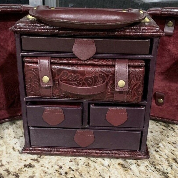 Other - Luxury Vintage Ornate Leather Jewelry Box wSoft &Hard Travel Cases Burgundy